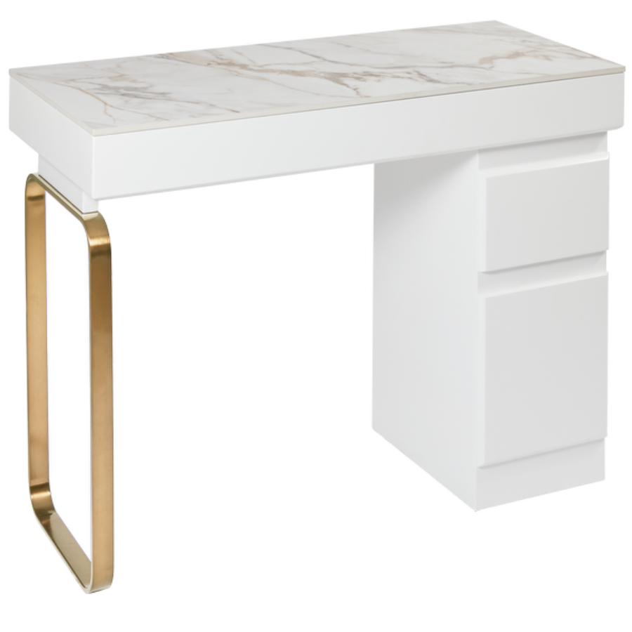 The Maia Nail Desk - White & Gold with White Gold Natural Stone Top by SEC