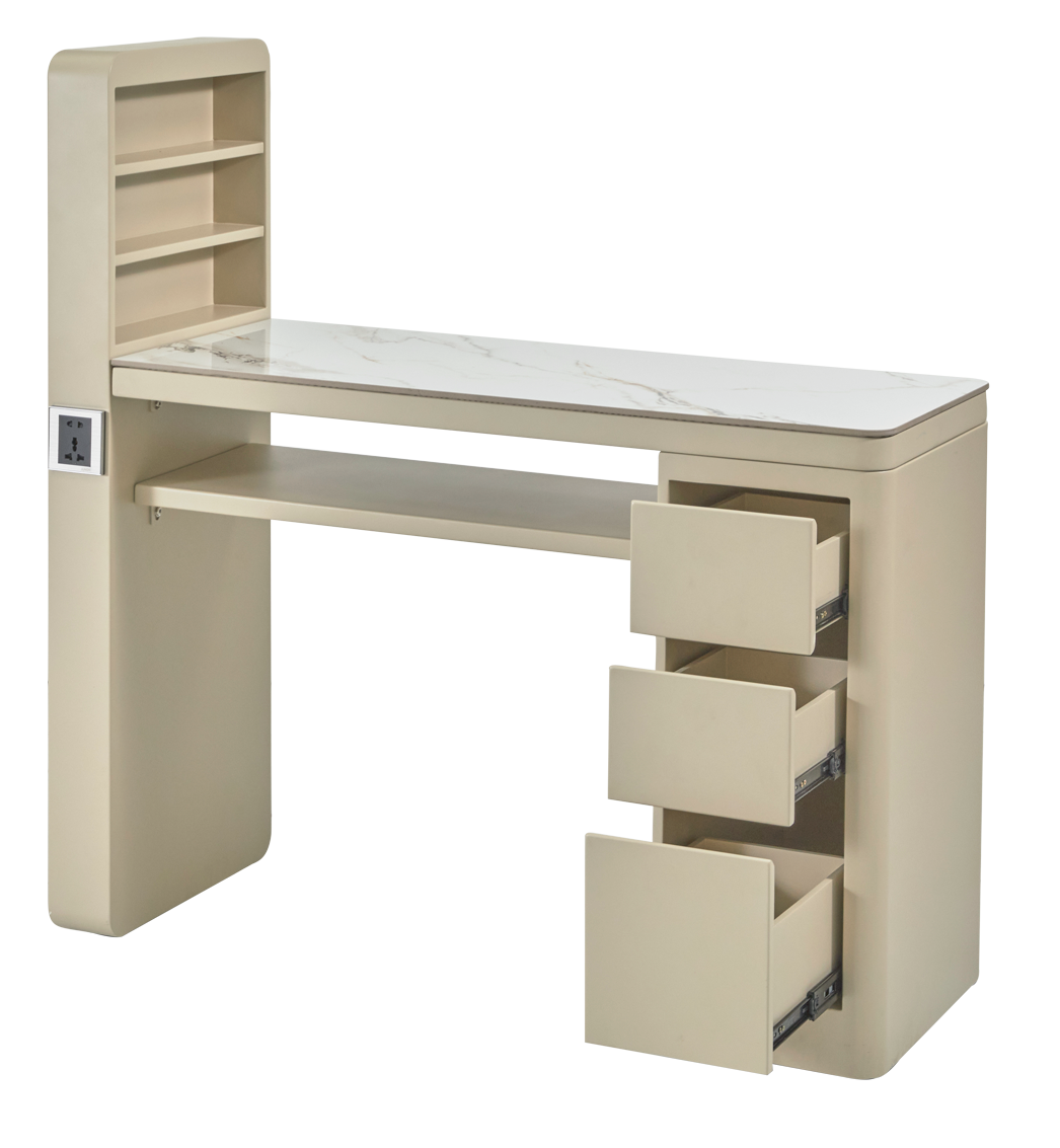 The Kelli Nail Desk - Pure Ivory with White Gold Pattern Stone Top by SEC