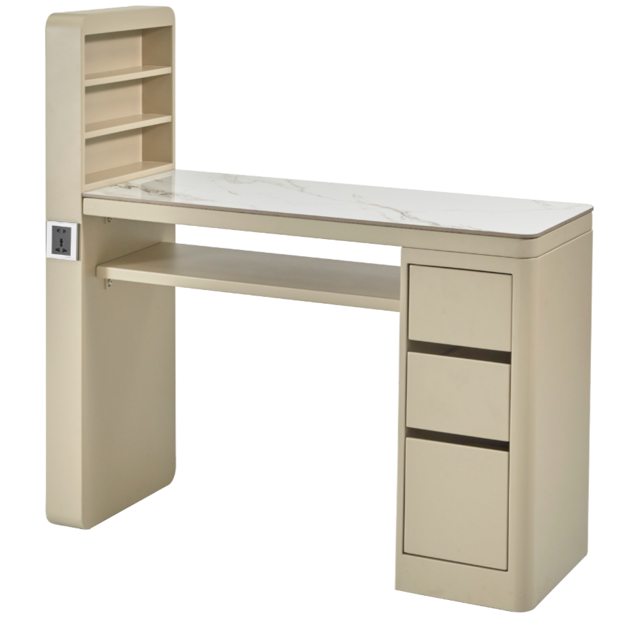 The Kelli Nail Desk - Pure Ivory with White Gold Pattern Natural Stone Top by SEC