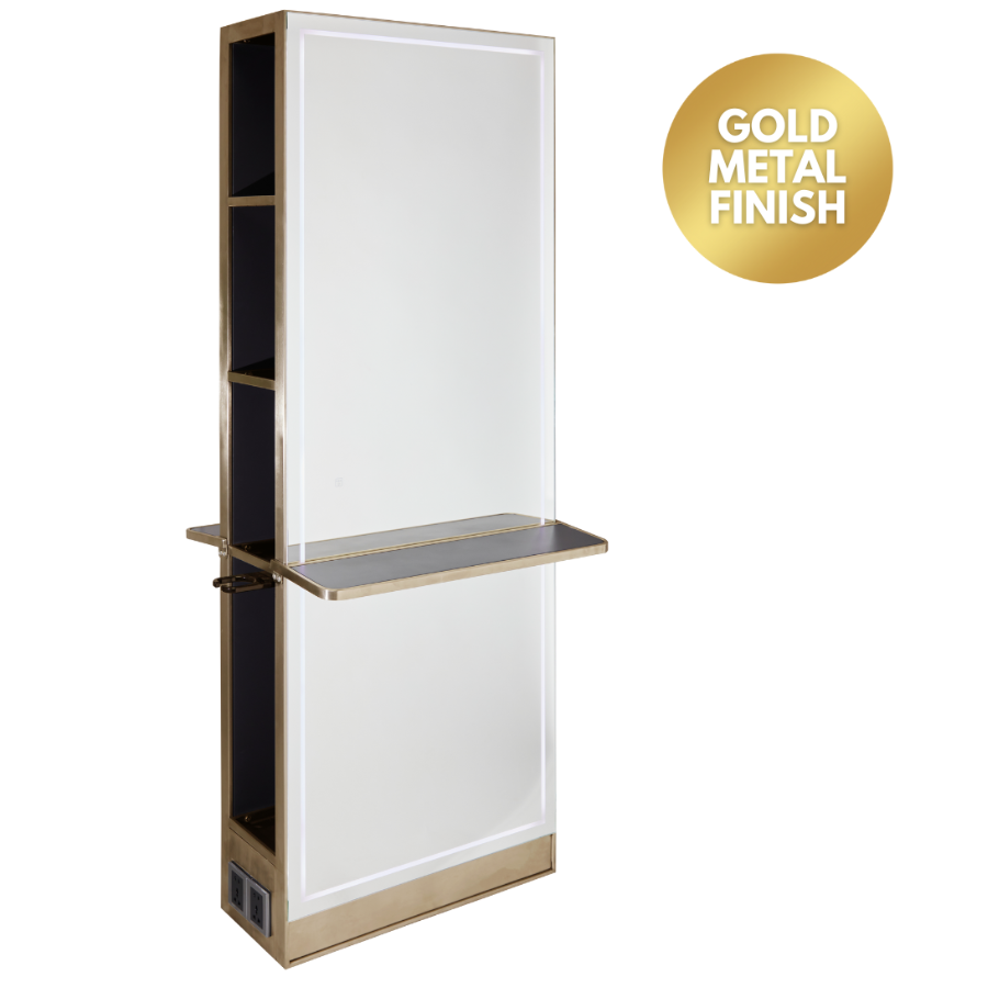 The Madrid Salon Island Unit with Storage and Shelf - Gold by SEC