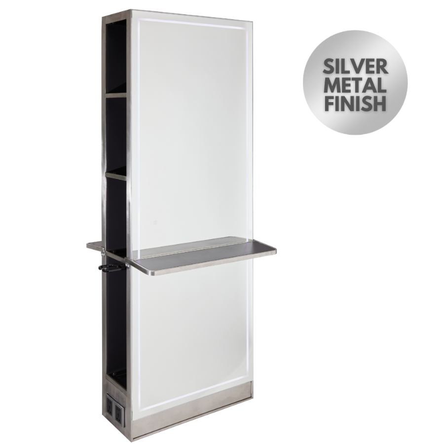 The Madrid Salon Island Unit with Storage and Shelf - Silver by SEC