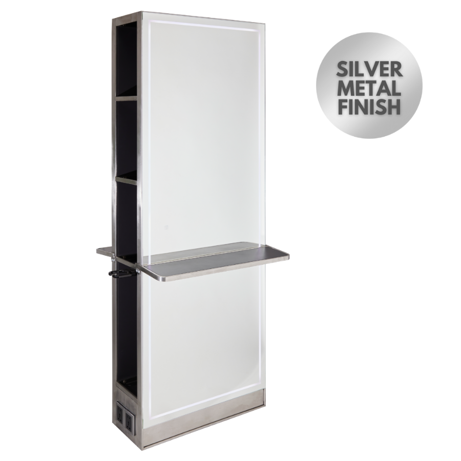 The Madrid Salon Island Unit with Storage and Shelf - Silver by SEC