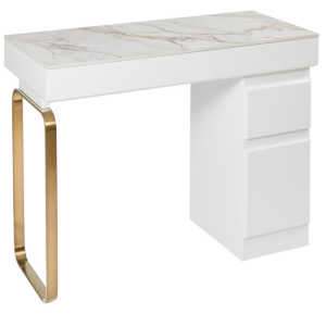 The Maia Nail Desk - White & Gold with White Gold Natural Stone Top by SEC