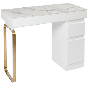 The Maia Nail Desk - White & Gold with White Gold Natural Stone Top by SEC