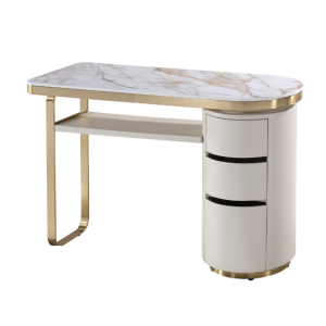 The Nelli Nail Desk - Ivory & Gold with White Gold Pattern Natural Stone Top by SEC