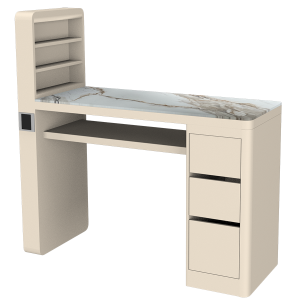 The Kelli Nail Desk - Painted Ivory with White Gold Pattern Natural Stone Top by SEC